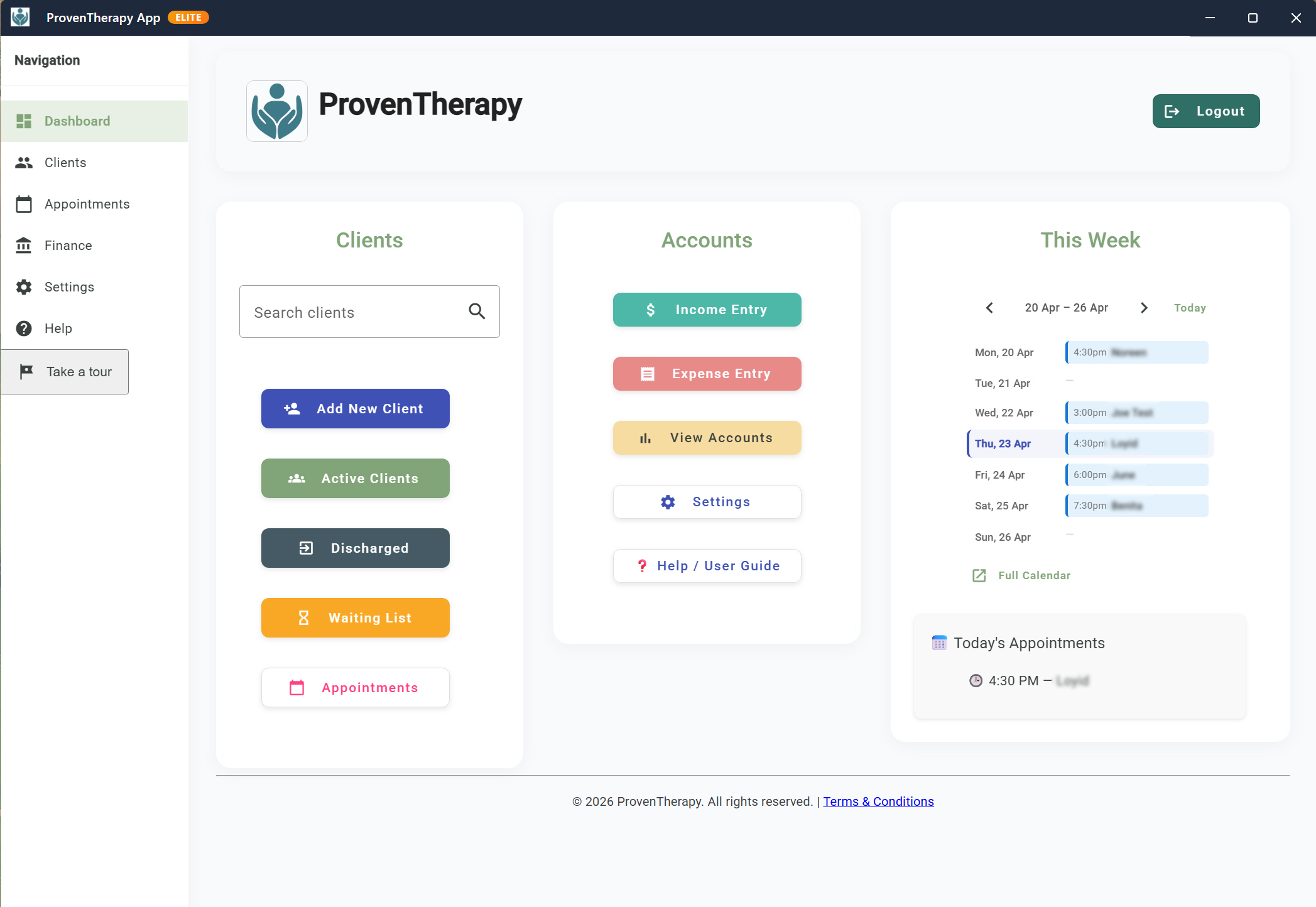 ProvenTherapy desktop app — session notes interface