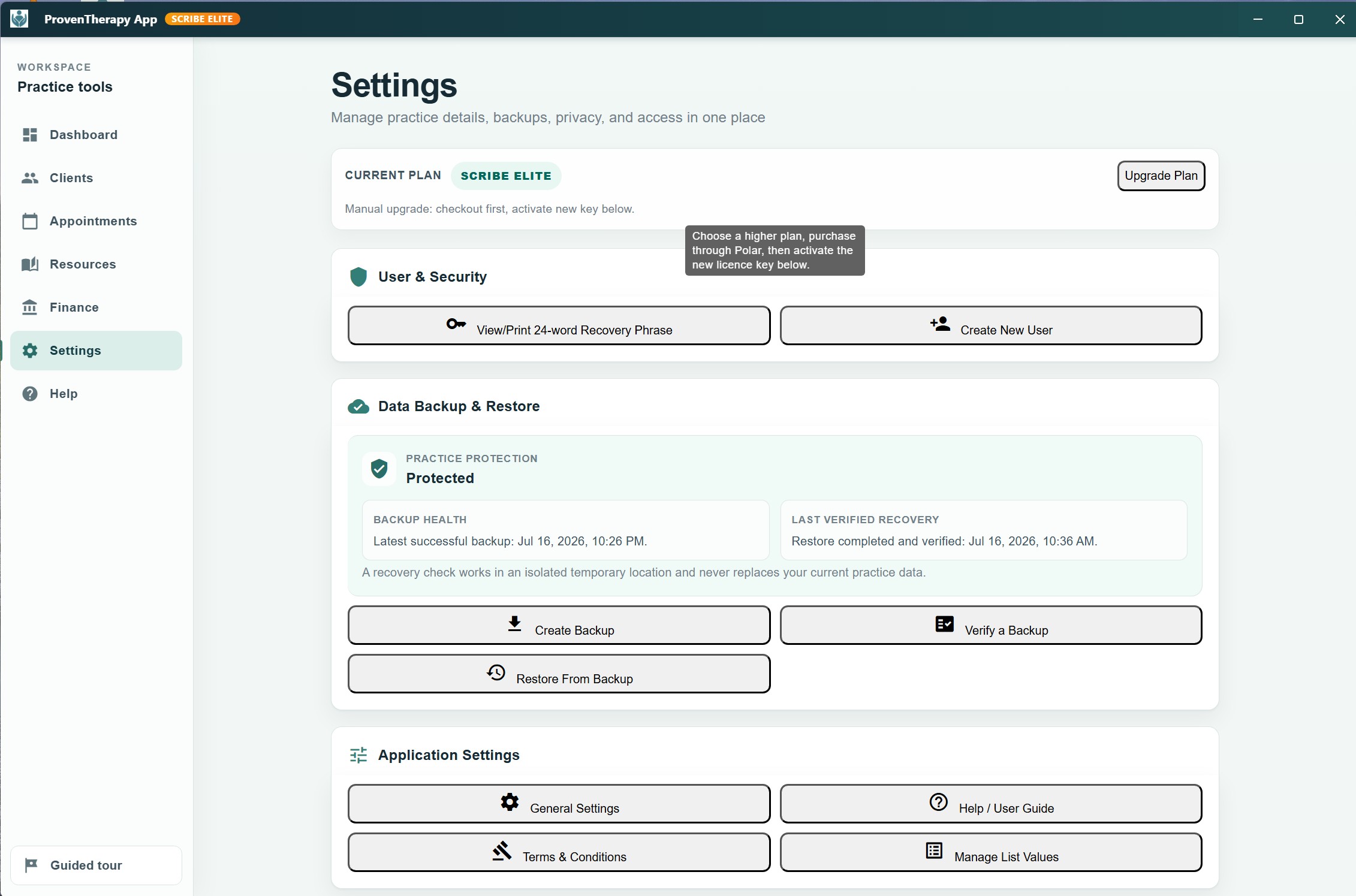 Settings backup and recovery health